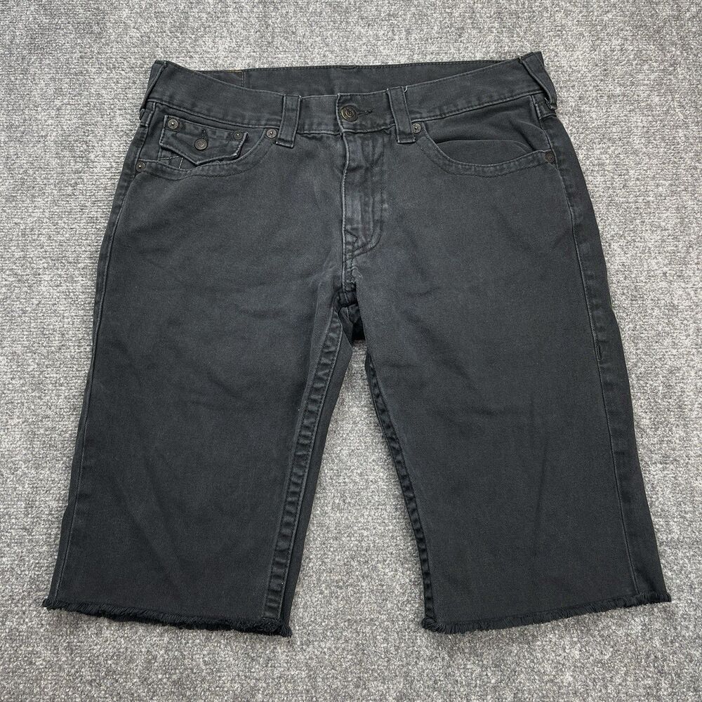 True Religion Straight Flap Cut Off Shorts Mens 36 Black Denim Streetwear